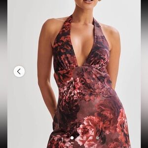 Floral halter neck dress Aimee by Meshki burgundy brown and pink satin.